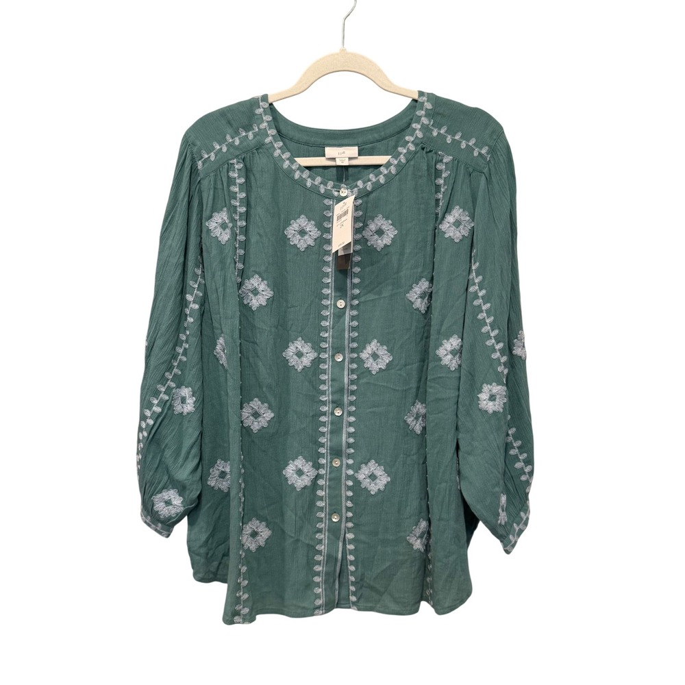New J.Jill Embroidered Boho Tunic Top Sage Green Cotton Gauze Peasant Blouse